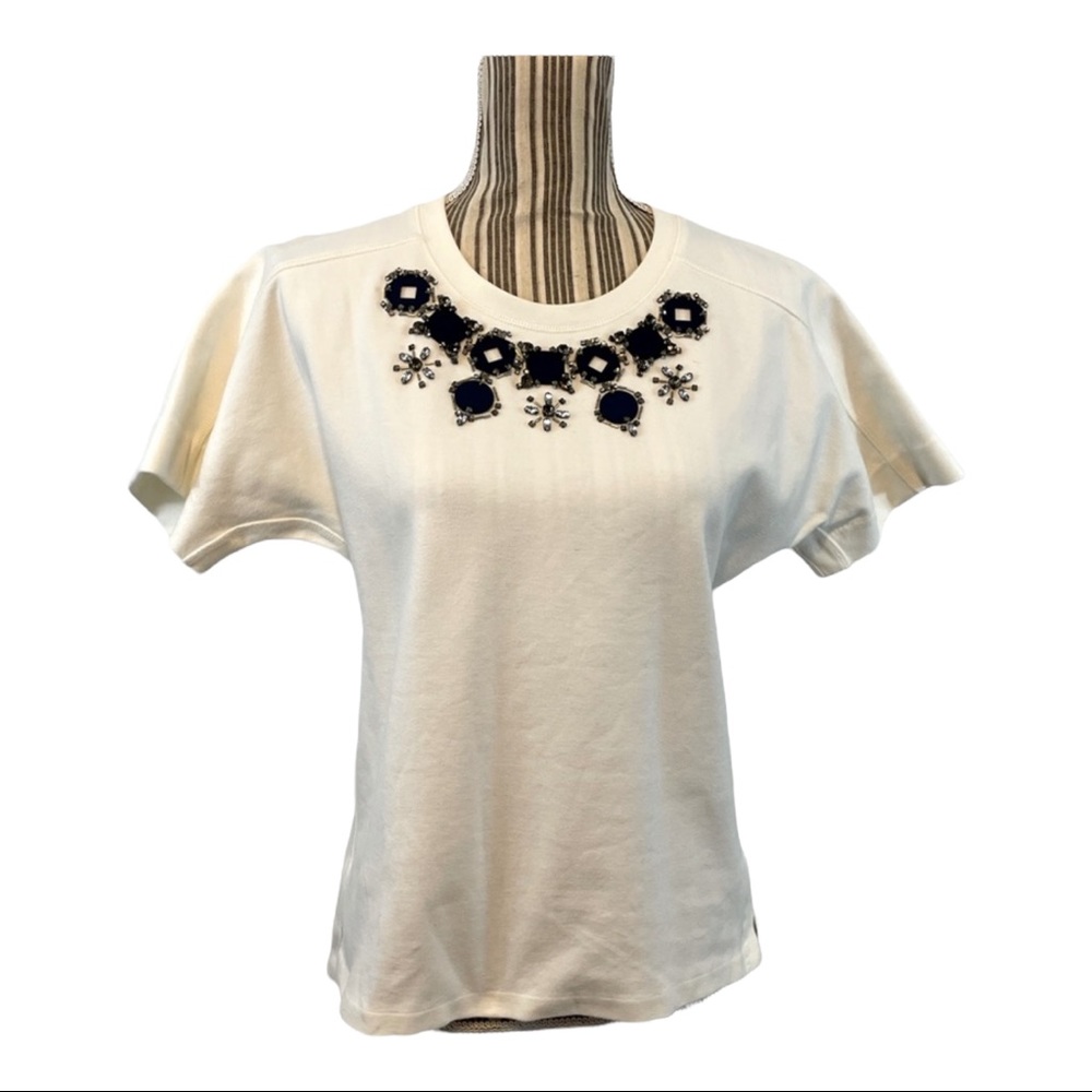 JCrew bejeweled short sleeve blouse white top navy jewels silver decor small